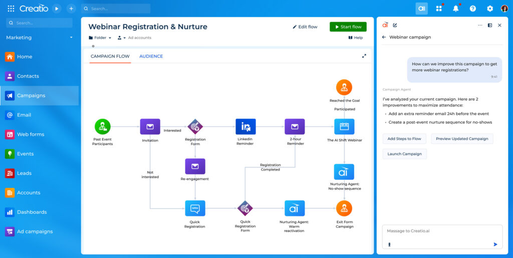 Creatio an agentic CRM & workflow platform with no-code and AI at its core